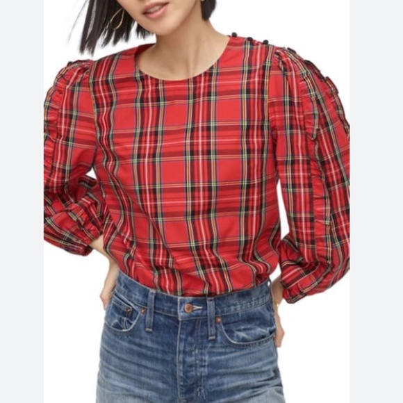 JCREW WOMENS RED TARTAN PRINT RUFFLE SLEEVE BLOUSE BUTTONS PLAID SIZE XS HOLIDAY - Picture 1 of 7